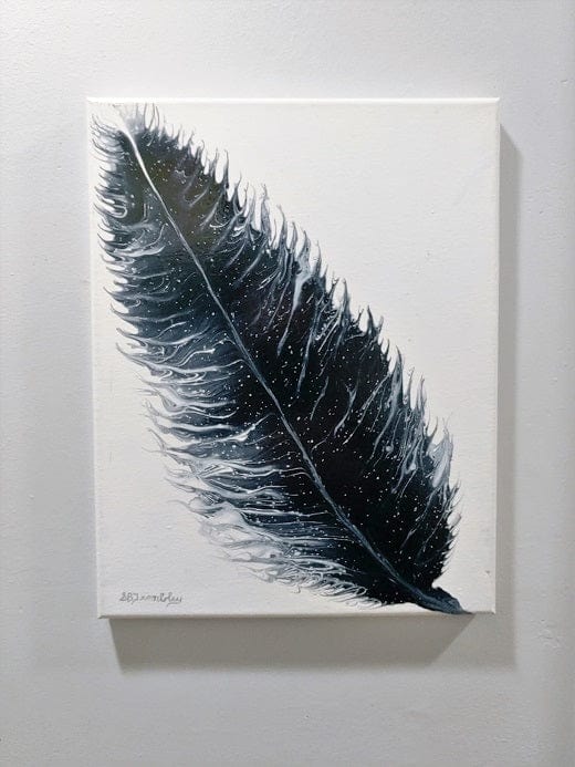 Black Feather-Acrylic painting- Fluid Abstract Art-Paint Kiss-11x14 Signed Original