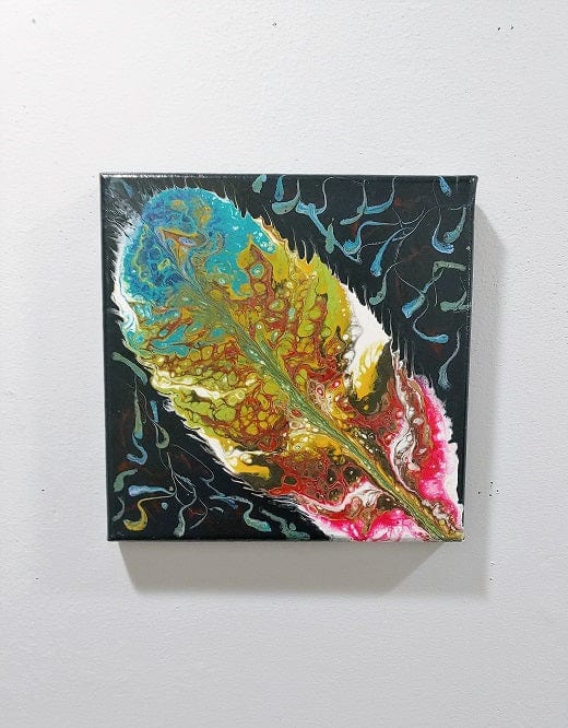 Phoenix Feather-Acrylic Painting-Fluid Abstract Art-Paint Kiss-8x8 Signed Original