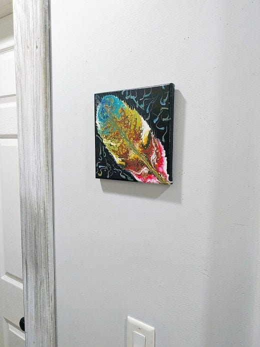 Phoenix Feather-Acrylic Painting-Fluid Abstract Art-Paint Kiss-8x8 Signed Original
