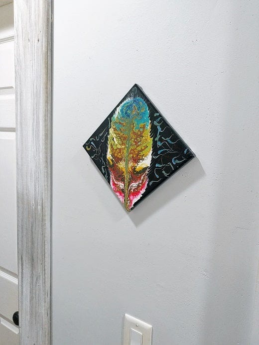 Phoenix Feather-Acrylic Painting-Fluid Abstract Art-Paint Kiss-8x8 Signed Original