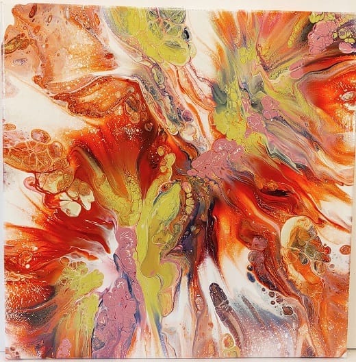 Red Splash-Acrylic Painting-Dutch Pour-Fluid Abstract Art-Signed Original-14x14 Stretched Canvas