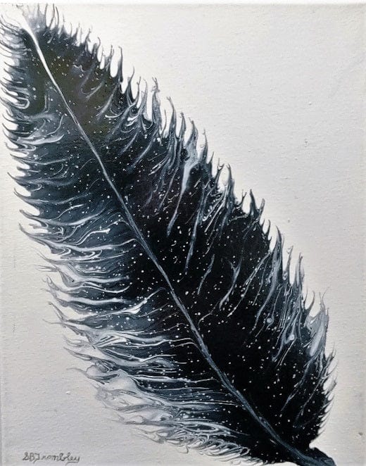 Black Feather-Acrylic painting- Fluid Abstract Art-Paint Kiss-11x14 Signed Original