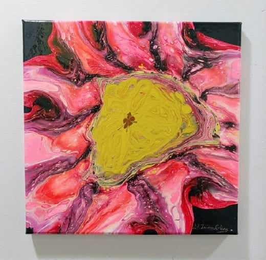 Bee-Haven-Acrylic Painting-Fluid Abstract Art-Flower-Straight Pour-12x12 Signed Original