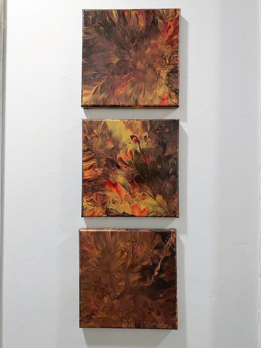 Fire Dip-Acrylic Painting-Fluid Abstract Art-Reverse Dip-Triptych Painting-8x8-3 Signed Original
